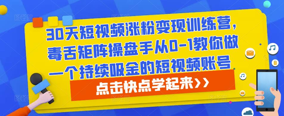 30天短视频涨粉变现训练营，毒舌矩阵操盘手从0-1教你做一个持续吸金的短视频账号-泡泡爱学习哦